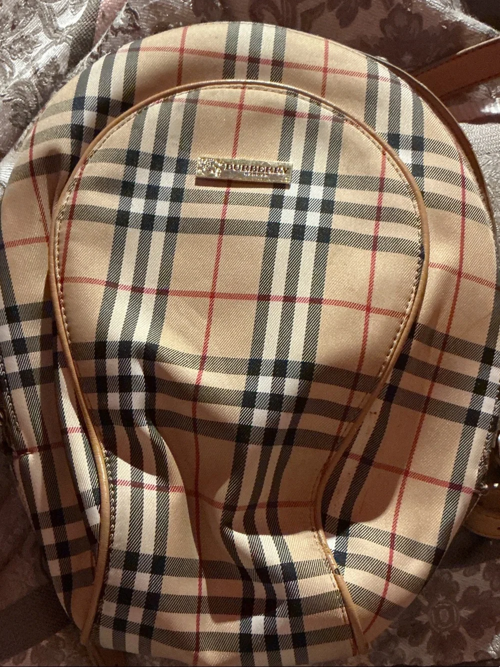 Burberry Tan Nova Check Backpack with Black & Red Accents